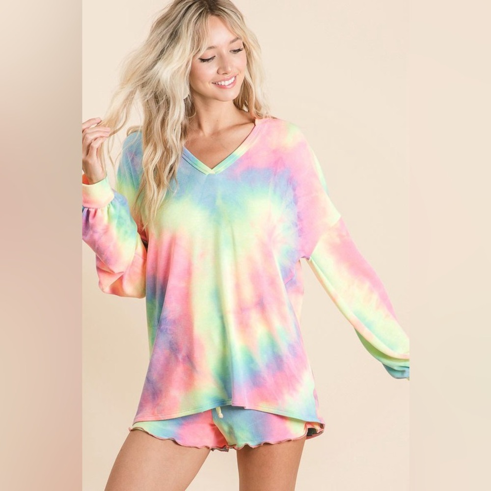 BiBi Tie Dye French Terry Top With Balloon Sleeves - Picture 3 of 5